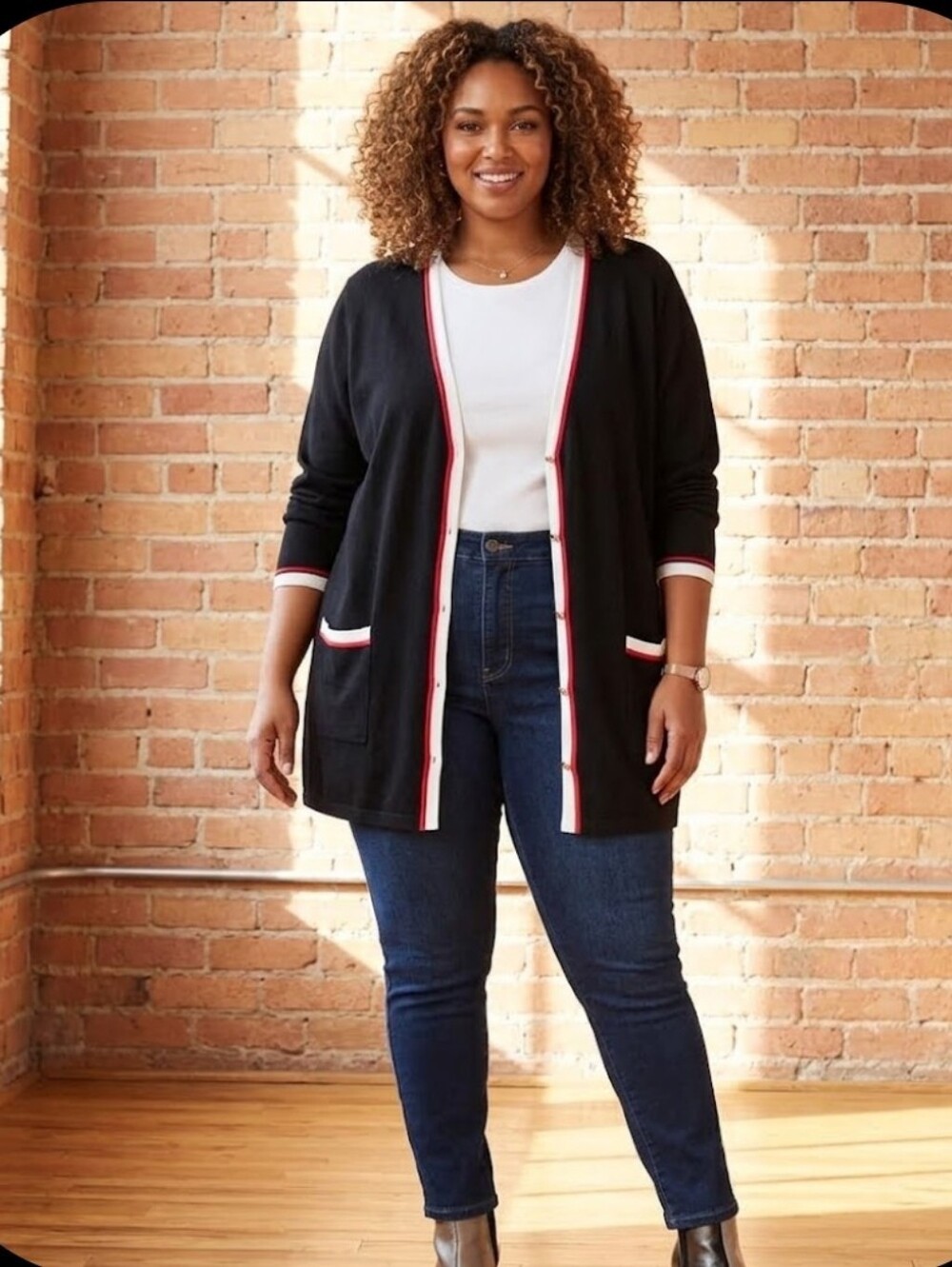 Long Nautical Cardigan 2X Lightweight Black Rafaella